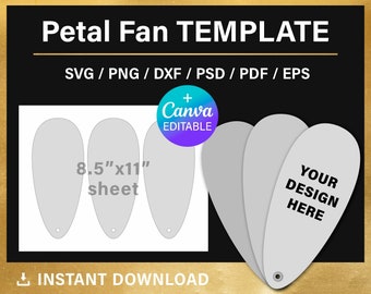Petal fan blank template, DIY, paddle fan, wedding fan, printable, 3x7 inches, Canva, Cricut, Photoshop, png, svg, psd, instant download