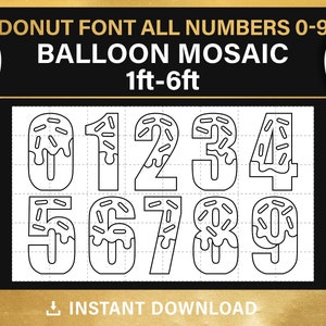 May include: Black and white printable design for creating donut-shaped balloon numbers 0-9. The design is for a balloon mosaic, with each number measuring 30.5 cm to 1.83 m.