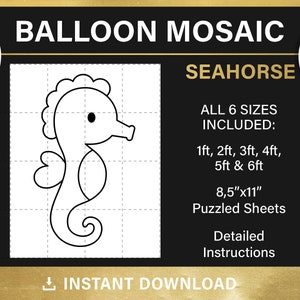Seahorse mosaic from balloons, DIY, nautical party, sea theme decor, mermaid birthday, mosaic frame template, under the sea, pdf, download