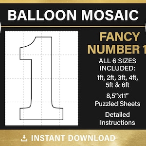 Fancy number 1, Mosaic from balloons, marquee, one number template, mosaic numbers, 1ft, 2ft, 3ft, 4ft, 5ft, 6ft, PDF, instant download