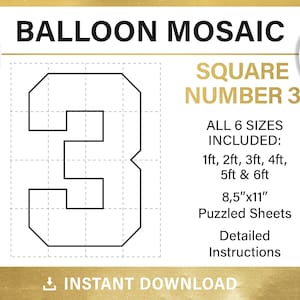 Square number 3, Mosaic from balloons, tall, three number template, mosaic numbers, 1ft, 2ft, 3ft, 4ft, 5ft, 6ft, PDF, instant download
