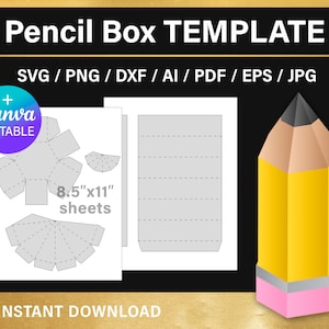 Pencil Shape Box Blank Template with lid, back to school, pencil hexagon gift box, png, Canva, svg, Cricut, printable, instant download