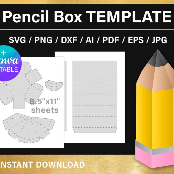 Bleistiftform-Box, leere Vorlage mit Deckel, Schulanfang, sechseckige Geschenkbox für Bleistifte, PNG, Canva, SVG, Cricut, druckbar, direkter Download