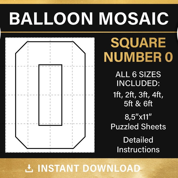 Mosaic from balloons, square, zero number template, tall, marquee, number 0, 1ft, 2ft, 3ft, 4ft, 5ft, 6ft, all sizes, PDF, instant download