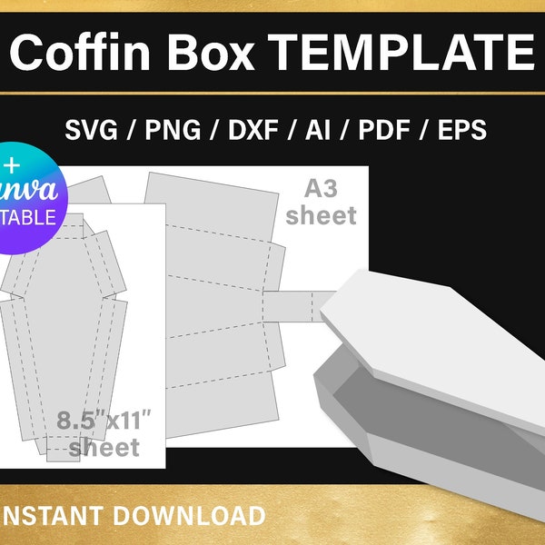 Coffin Box Template, DIY treat box, halloween party decor, candy box, 7.8 x3.2 inches, png, Canva, svg, Cricut, printable, instant download