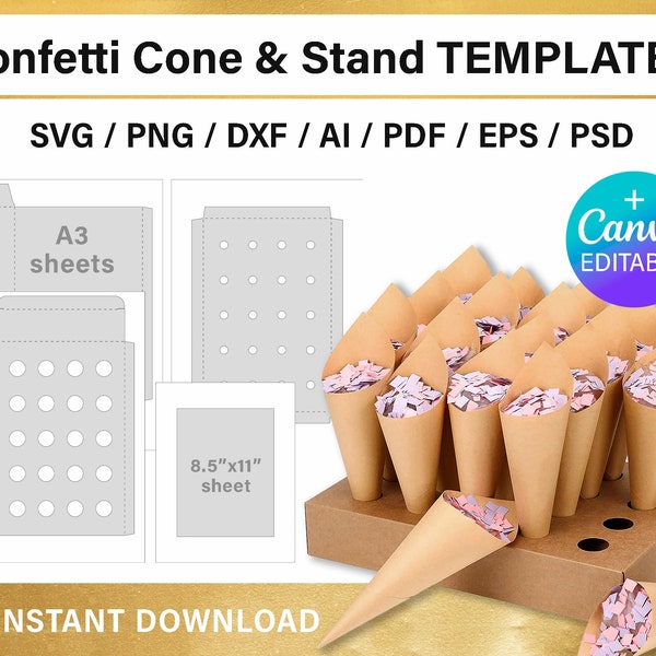 DIY Confetti cones holder template + cone tray for wedding confetti, png, svg, Canva, Cricut, instant download