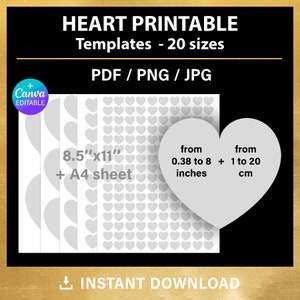 Heart templates, BUNDLE, 20 sizes, DIY, Valentine&#39;s Day crafts, pdf, jpeg, png, inches & centimeters, printable, Instant Download
