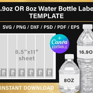 Étiquette de bouteille d'eau de 16,9 oz et 8 oz, lot, modèle vierge, bouteille d'eau de 500 ml, emballage complet, Canva, Cricut, svg, png, téléchargement immédiat