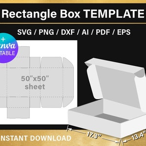 Pode incluir: Um modelo imprimível para uma caixa retangular. O modelo é mostrado em uma folha de papel de 50 polegadas por 50 polegadas. A caixa acabada mede 17,3 polegadas de comprimento, 13,4 polegadas de largura e 6,3 polegadas de altura.