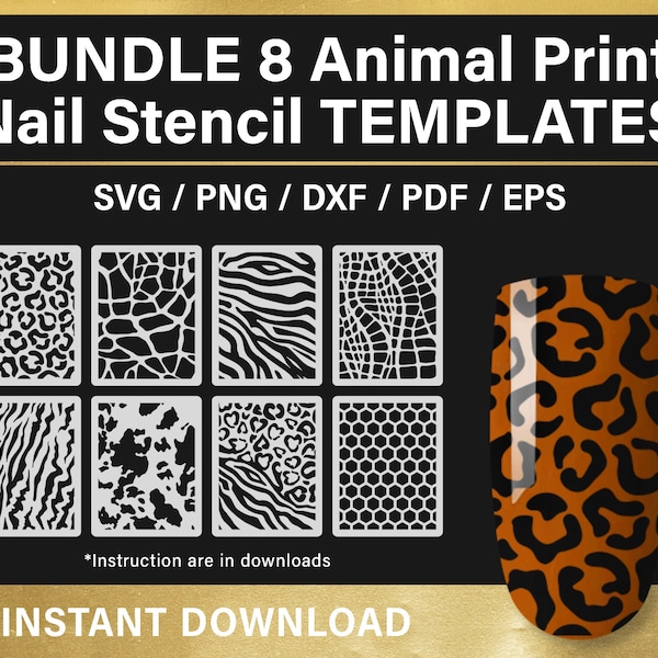 Modèle de pochoir à ongles imprimé animal, lot, nail art svg, modèle d'ongle SVG, png, léopard, vache, tigre, imprimable, fichier coupé, téléchargement immédiat