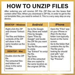 May include: A yellow and white infographic with the title "How to Unzip Files" and instructions on how to unzip files on Windows, Mac, Android, and iPhone.