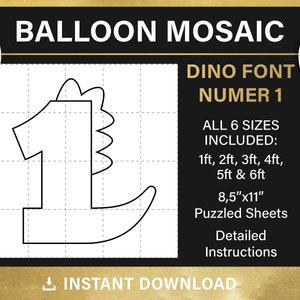 1 Mosaico de balões, decoração de balões de aniversário de dinossauros, modelo com um número, Fonte Dino, 1 pé, 2 pés, 3 pés, 4 pés, 5 pés, 6 pés, todos os tamanhos, PDF,