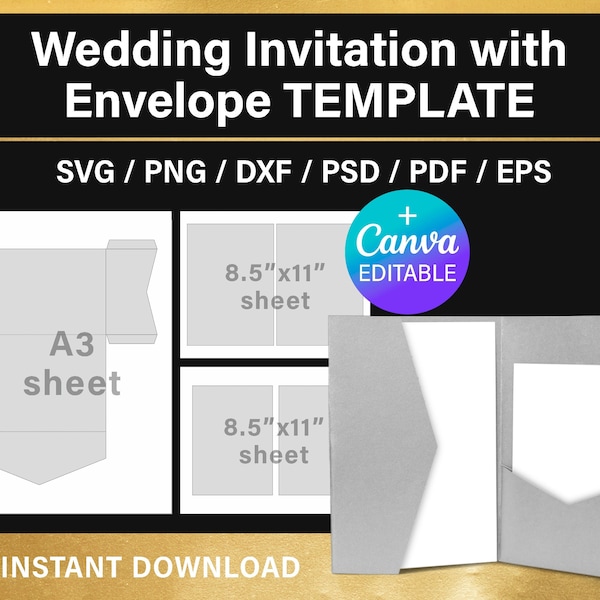 Pocketfold BLANK template, wedding invitation template with envelope, Canva, Cricut, SVG, png, psd, cut file, Cricut, instant download