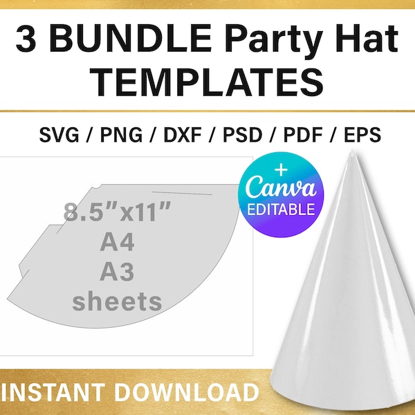 Party Hat blank template, BUNDLE, DIY, party decorations, Canva, set, for adults, for kids, cut file, svg, png, pdf, psd, instant download