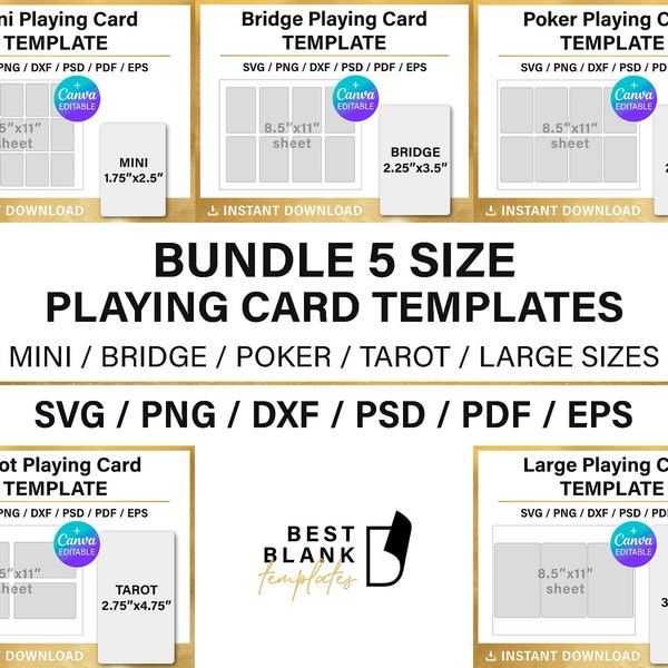 Playing Card Template, BUNDLE, 5 sizes, BLANK template, svg, dxf, cut files, Canva, Cricut, Silhouette, instant download