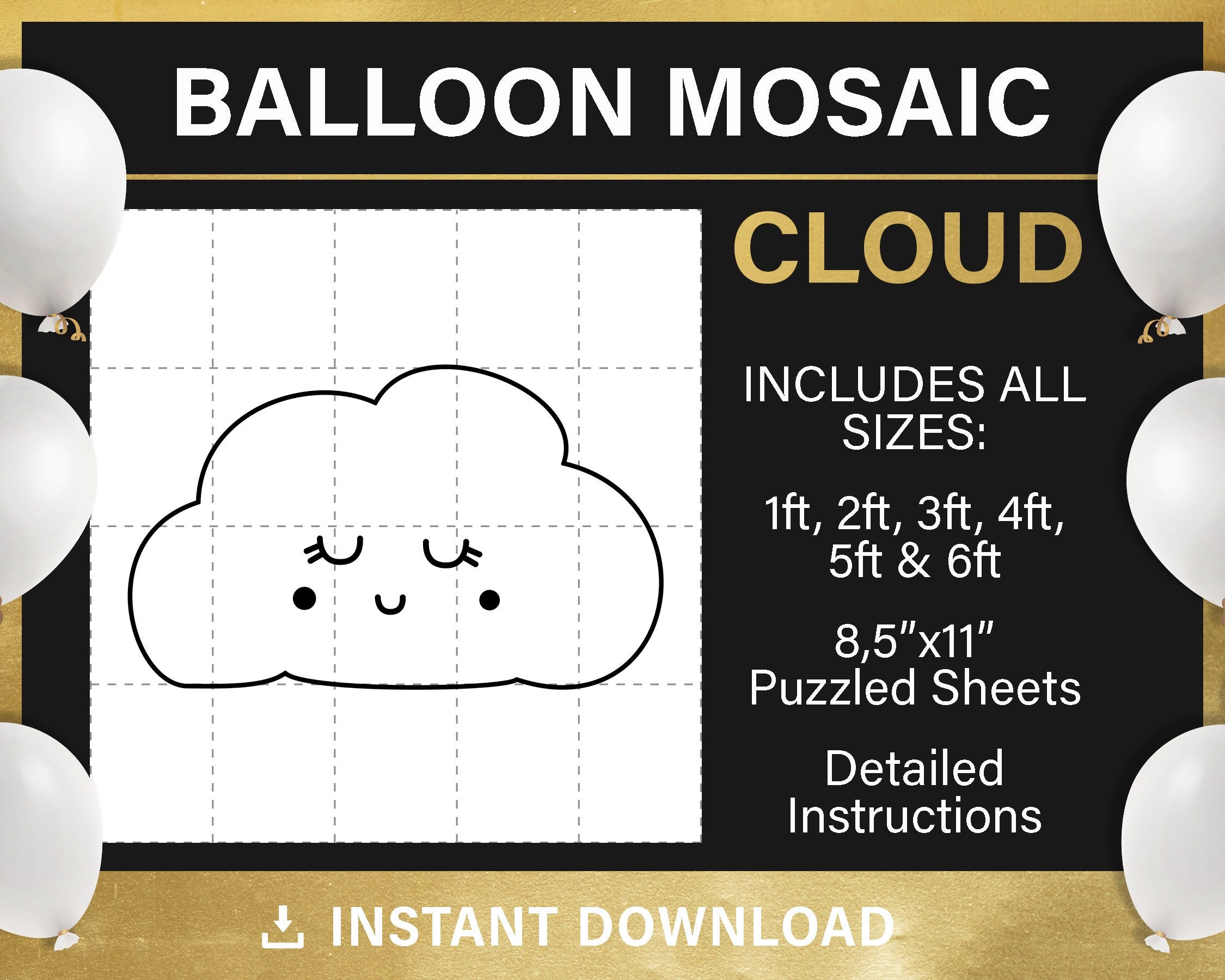 Cloud mosaic from balloons, DIY, twinkle baby shower decor, cloud shape, silhouette stencils template, trace and cut, pdf, instant download
