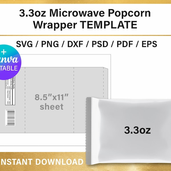 DIY 3.3 oz Microwave popcorn Wrapper BLANK label template with Nutritional Facts, svg, png, Canva, Cricut, instant download