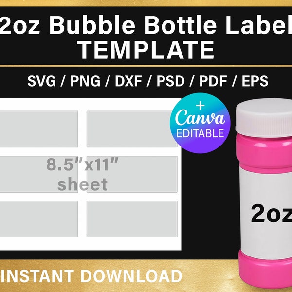 Bubble bottle label template, 2oz, BLANK template, 5x2 inches, DIY, party decorations, Canva, Cricut, svg, png, psd, instant download