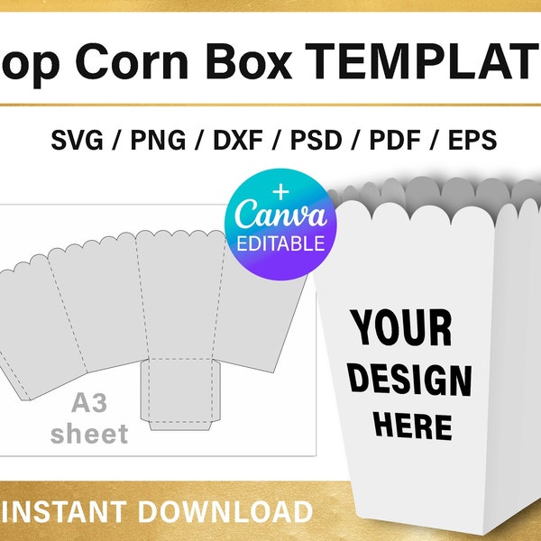 big popcorn box blank template, DIY, party favor decorations, A3 sheet, Canva, Cricut, svg, png, pdf, psd, instant download