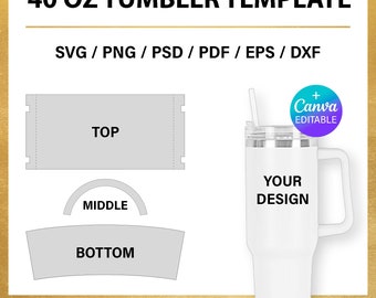 May include: A white 40 ounce tumbler with a handle and a straw. The tumbler has a clear lid and a design area that says "Your Design". The image also includes a template for the tumbler design, showing the top, middle, and bottom sections.