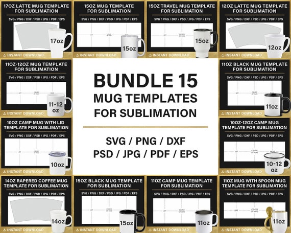 Bundle, 15 Mug Blank Template for Sublimation, 15oz, 12oz