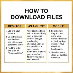 Pu&ograve; includere: Una grafica con istruzioni su come scaricare file da Etsy su un computer desktop, come ospite o su un dispositivo mobile. La grafica ha tre sezioni, ciascuna con un titolo e un elenco di passaggi. La prima sezione &egrave; intitolata "Desktop", la seconda sezione &egrave; intitolata "Come ospite" e la terza sezione &egrave; intitolata "Mobile".
