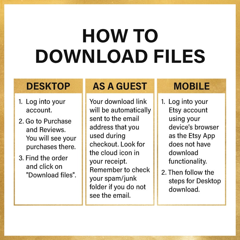 Pu&ograve; includere: Una grafica con istruzioni su come scaricare file da Etsy su un computer desktop, come ospite o su un dispositivo mobile. La grafica ha tre sezioni, ciascuna con un titolo e un elenco di passaggi. La prima sezione &egrave; intitolata "Desktop", la seconda sezione &egrave; intitolata "Come ospite" e la terza sezione &egrave; intitolata "Mobile".