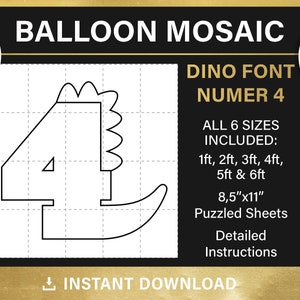 4 Mosaicos de balões, decoração de balões de aniversário de dinossauros, modelo de quatro números, Fonte Dino, 1 pé, 2 pés, 3 pés, 4 pés, 5 pés, 6 pés, todos os tamanhos, PDF,