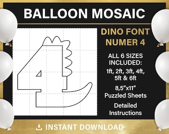 4 Mosaic from balloons, dinosaurs birthday balloon decor, four number template, Dino Font, 1ft, 2ft, 3ft, 4ft, 5ft, 6ft, all sizes, PDF,