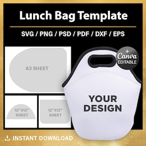 Könnte beinhalten: Eine weiße Lunchbag-Vorlage mit schwarzem Besatz und einem Griff. Die Tasche hat den Text "YOUR DESIGN" auf der Vorderseite aufgedruckt. Das Bild zeigt außerdem drei graue Formen, die verschiedene Papiergrößen repräsentieren, die zum Erstellen von Designs für die Tasche verwendet werden können. Der Text "INSTANT DOWNLOAD" befindet sich am unteren Rand des Bildes.