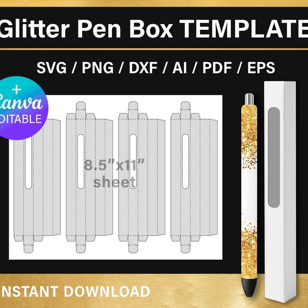 Glitter Pen box, DIY blank template, pen packaging, Canva, Cricut, svg, png, psd, instant download