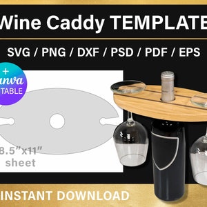 ワイン キャディ テンプレート、ワイン ボトル グラス ホルダー、空白テンプレート、DIY、SVG、Cricut、Canva、レーザー カッティング、印刷可能、即時ダウンロード
