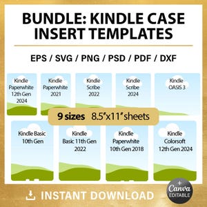Op de afbeelding: Een digitale productbundel met Kindle case insert templates. Het ontwerp bevat sjablonen voor verschillende Kindle-modellen, waaronder Paperwhite, Scribe en Oasis. De bundel biedt 9 formaten op vellen van 21,59 cm x 27,94 cm, met direct downloaden.