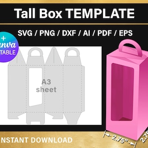 Tall Box Template, with handle, DIY gift box, 2.75 x 2.75 x7 inches, party favors box, Canva, svg, Cricut, printable, instant download