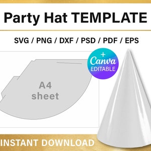 Plantilla de sombrero de fiesta, en blanco, bricolaje, decoraciones de fiesta, Canva, regalos de fiesta, hoja A4, para niños, tamaño pequeño, svg, png, pdf, psd, descarga instantánea