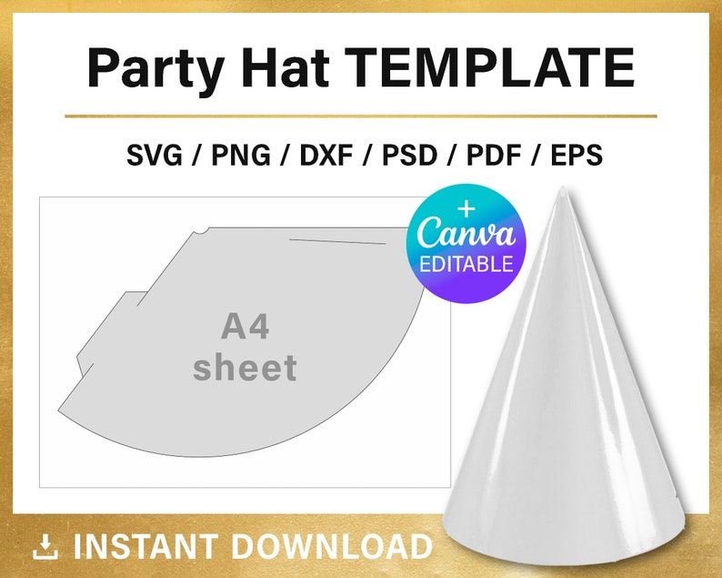 May include: A printable party hat template for a birthday or other celebration. The template is designed to be printed on an A4 sheet of paper and includes instructions for assembly. The template is also editable in Canva.