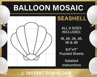 Seashell mosaic from balloons, DIY, nautical party, sea theme decor, mermaid birthday, mosaic frame template, under the sea, pdf, download