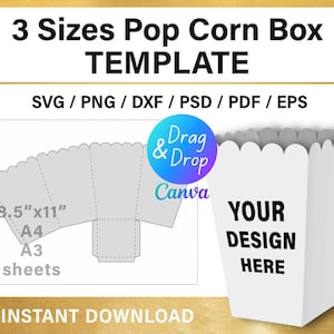 3 misure modello vuoto per scatola di popcorn, BUNDLE, decorazioni per bomboniere, fai da te, set, svg, png, Canva, Cricut, download immediato
