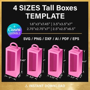 Plantilla en blanco de caja alta, PAQUETE, caja para muñeca, con asa y con ventana, caja de regalo de bricolaje, png, Canva, svg, Cricut, descarga instantánea