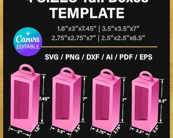 Wysokie pudełko Pusty szablon, PAKIET, pudełko na lalkę, z uchwytem i okienkiem, pudełko na prezent DIY, png, Canva, svg, Cricut, natychmiastowe pobieranie