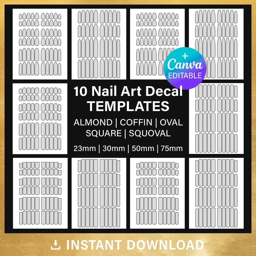 10 Nail Art Decal Blank Template, BUNDLE, Squoval Oval Square
