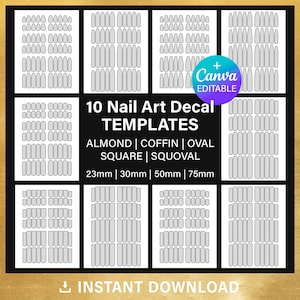10 Nail Art Decal Blank template, BUNDLE, squoval | oval | square | almond, png, Canva, svg, Cricut, printable, instant download