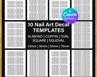 10 Nail Art Decal Blank template, BUNDLE, squoval | oval | square | almond, png, Canva, svg, Cricut, printable, instant download