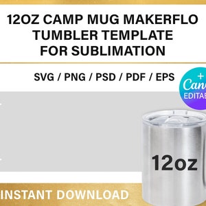 Puede incluir: Un vaso de acero inoxidable plateado de 12 oz con una tapa transparente. El vaso tiene una etiqueta negra con el texto "12oz". La imagen es una maqueta para una plantilla de sublimación.