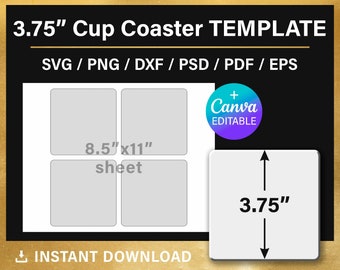 3.75 inches, cup coaster template, BLANK template, square cup coaster SVG, sublimation, cut file, Cricut, Canva, instant download