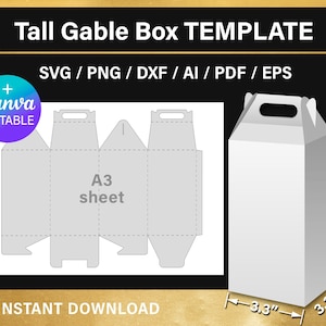 Puede incluir: Una plantilla imprimible para una caja de gable alta, diseñada para caber en una hoja de papel A3. La plantilla incluye líneas de pliegue y líneas de corte para un fácil montaje. La caja tiene una manija y mide 8,4 cm de ancho por 8,4 cm de profundidad por 14,7 cm de alto.