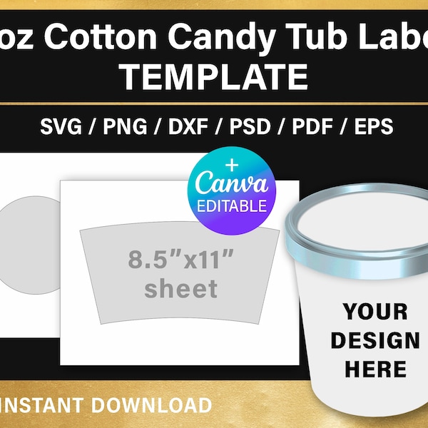 2oz Cotton candy tub label BLANK template, DIY party decorations, Full Wrap, svg, png, svg, Canva, Cricut, instant download