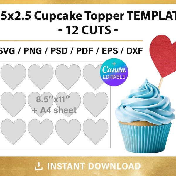 Heart cupcake toppers blank template, 2.5x2.5 inches, DIY, Valentine's Day decorations, svg, png, psd, instant download