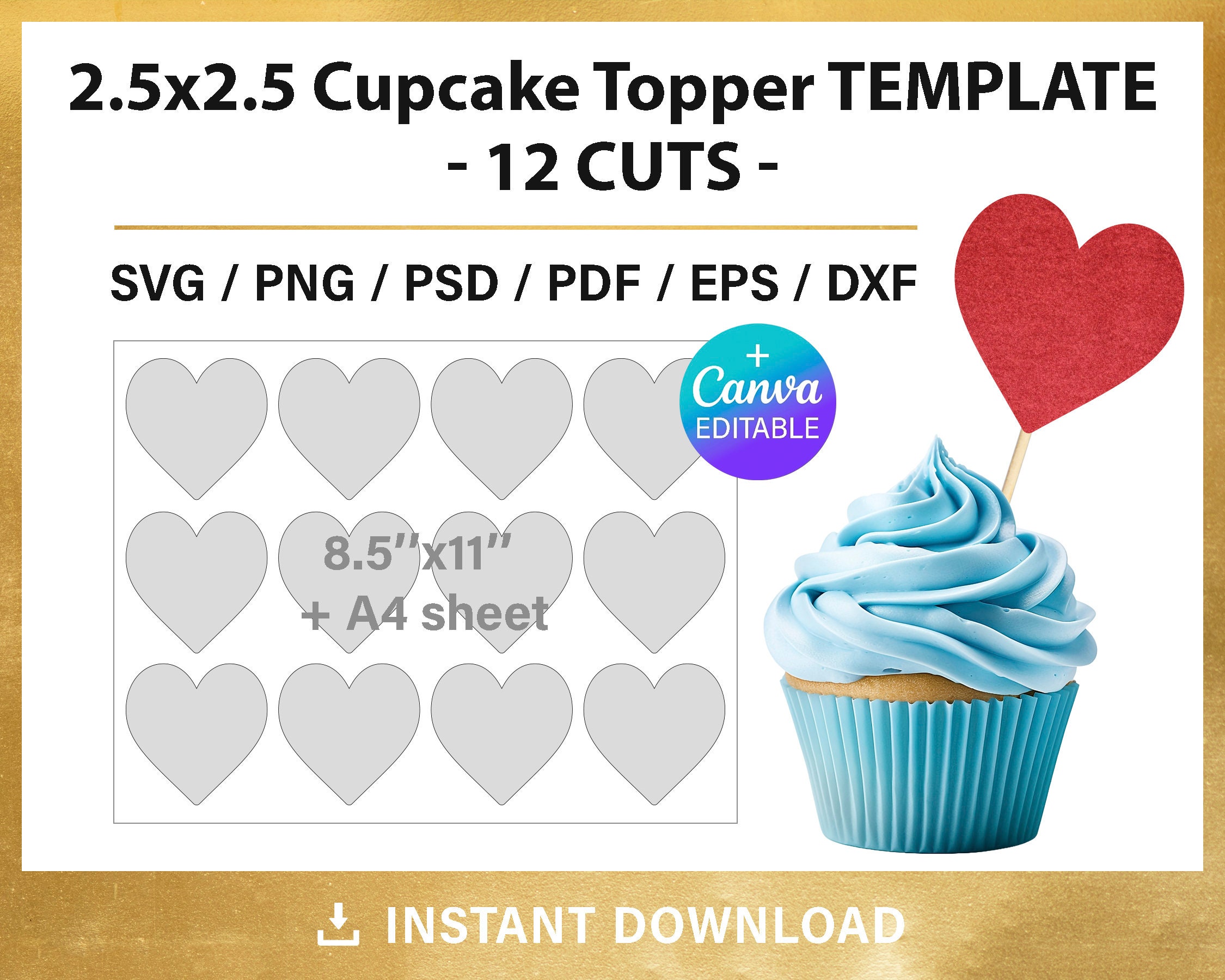 Heart cupcake toppers blank template, 2.5x2.5 inches, DIY, Valentine's Day decorations, svg, png, psd, instant download