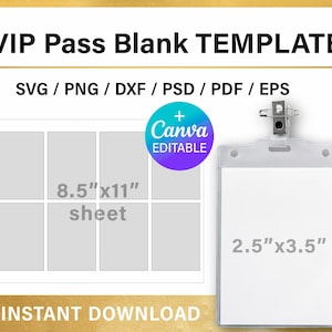 Lege sjabloon VIP-pasbadge, toegangspas, VIP-badge, doe-het-zelf, naamkaartje, feestdecoraties, Canva, Cricut, svg, png, psd, instant download